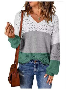 100% Polyester V Neck Long Sleeve Pullover Sweater Hollow Knit Loose Fit